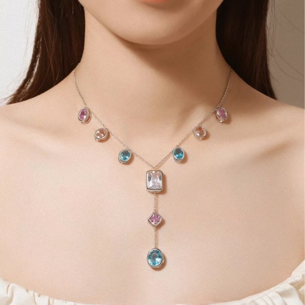 - Beautiful Silver Necklace With Multicolor Swarovski Elements